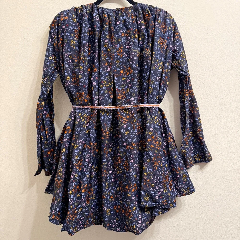 Elliette Tate Floral Silk‎ Mini Dress Womens 4 Navy Blue Rope Belted Bloomcore